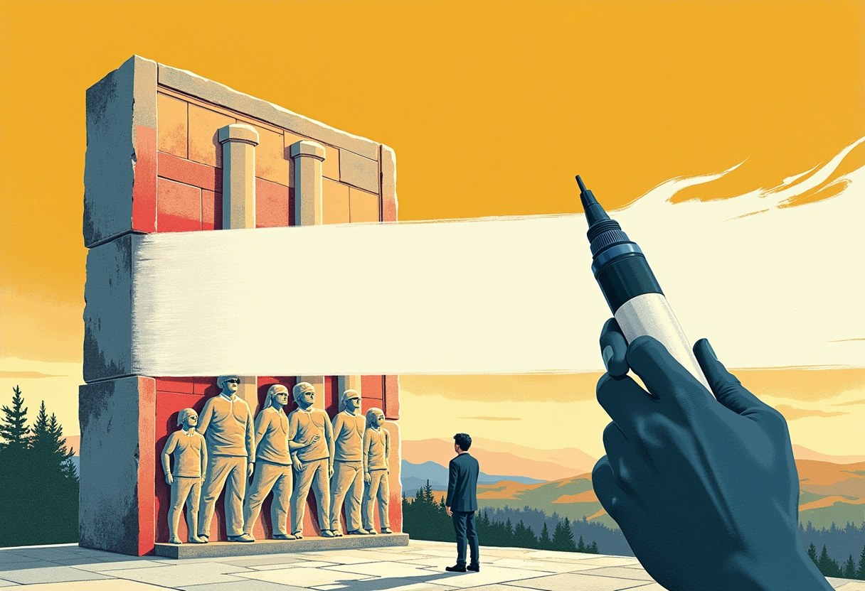 Editorial illustration of a giant white-out pen painting over a carved stone relief of enslaved people and a smokestack, half of it erased to blank stone, one hand erasing and one resisting