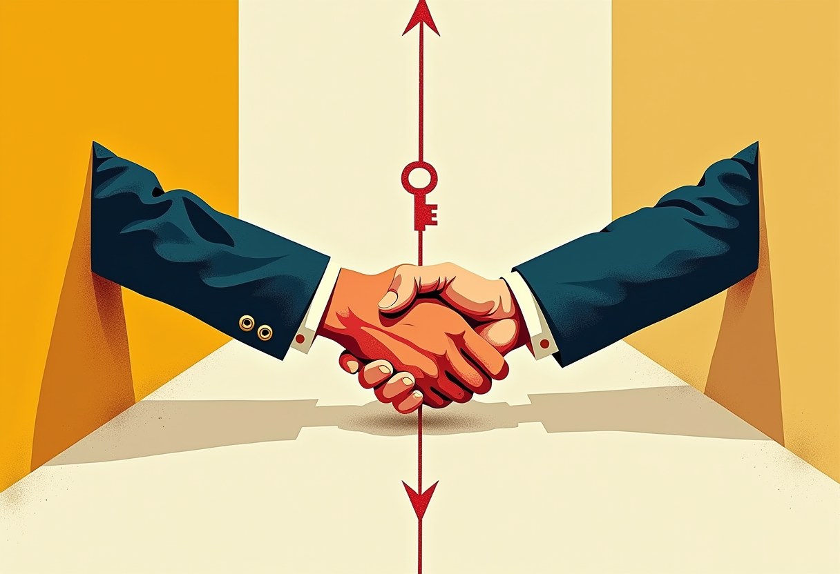 Editorial illustration of two diplomats shaking hands over a keystone of opposite-pointing arrows casting two contradictory shadows