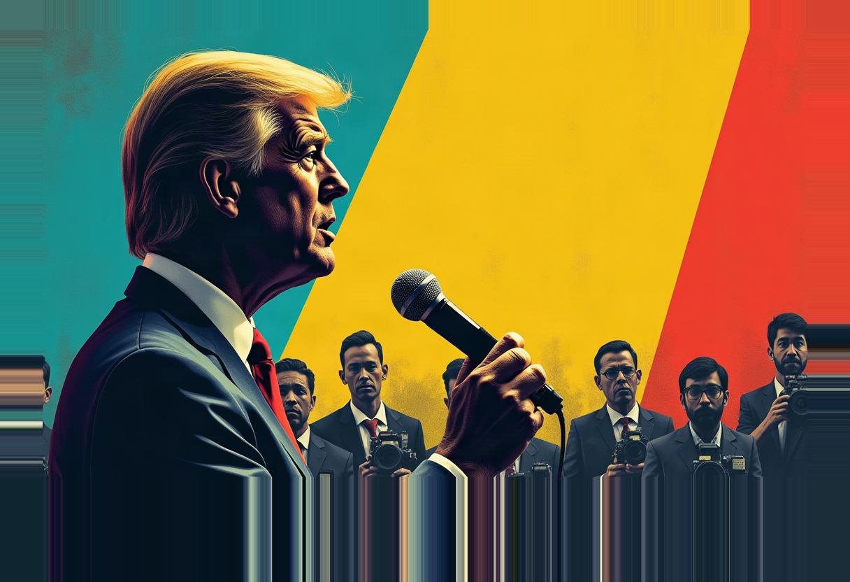 Illustrated side profile of a blond man in a suit speaking into a handheld microphone, with rows of men in suits holding cameras behind him against teal, yellow, and red diagonal bands.