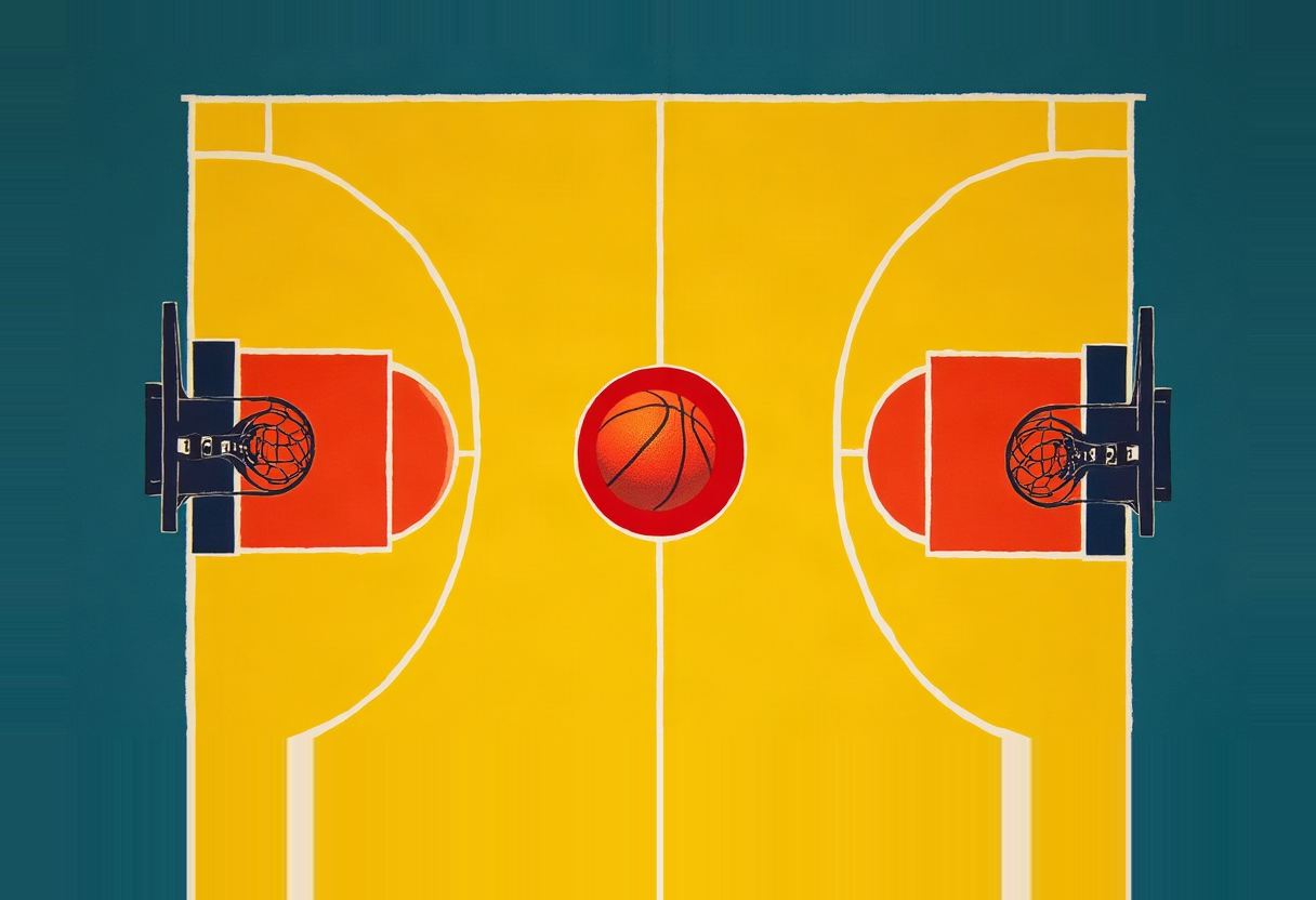 A top-down illustrated basketball court with a yellow floor and teal surround, two hoops with navy backboards facing each other, and an orange basketball centred in a red circle at midcourt.