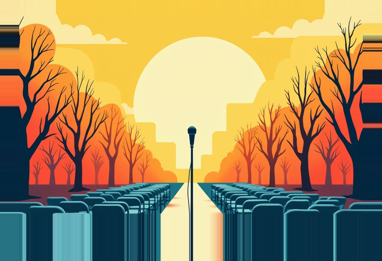 A single microphone stand faces rows of empty teal chairs split by a center aisle, framed by bare orange-silhouetted trees under a large pale sun in a yellow-orange sky.