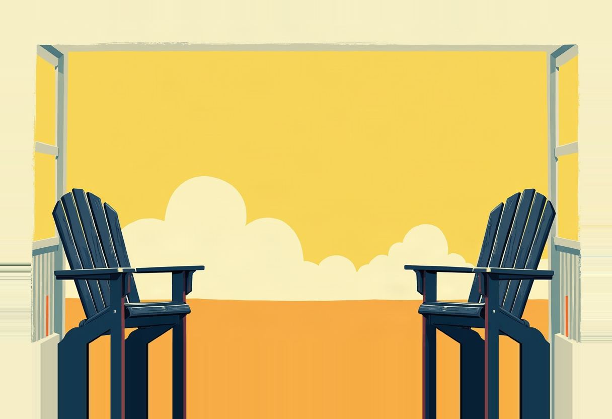 Two empty dark-blue Adirondack chairs face a wide-open double doorway, flanking a view of a yellow sky, a white cloud, and an orange ground below the horizon.