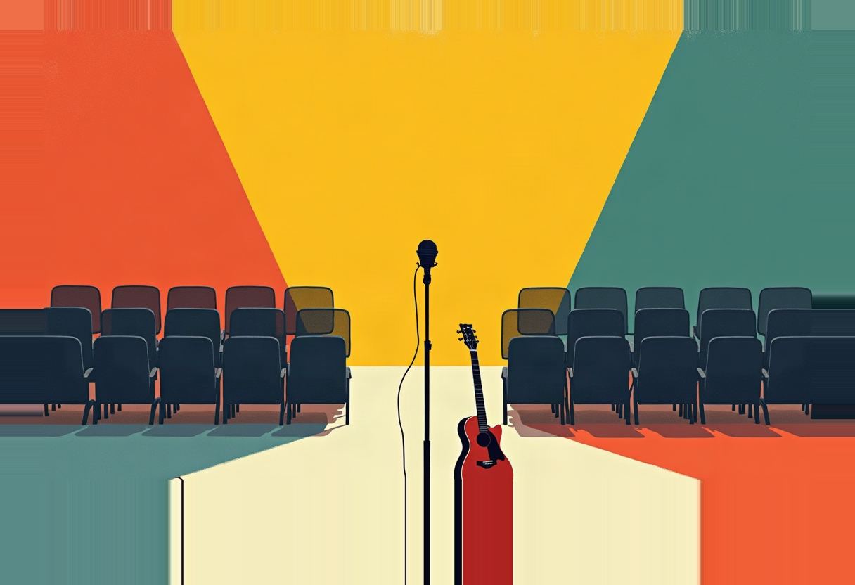 A red acoustic guitar leans beside a standing microphone between two empty rows of dark chairs, against a background split into orange, yellow, and teal triangular panels.