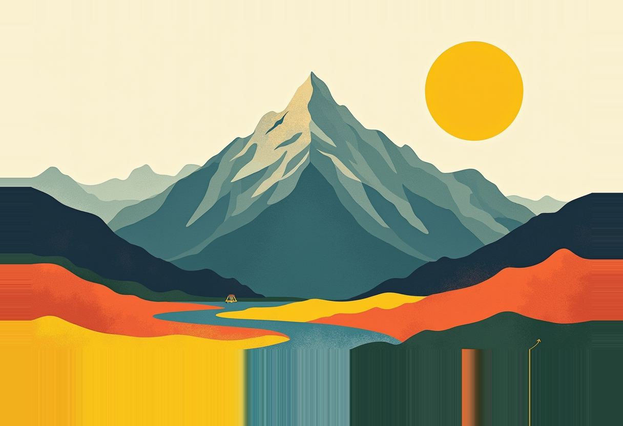 A blue-toned mountain peak beneath a yellow sun, with a river winding through orange and yellow foothills toward a small hut.