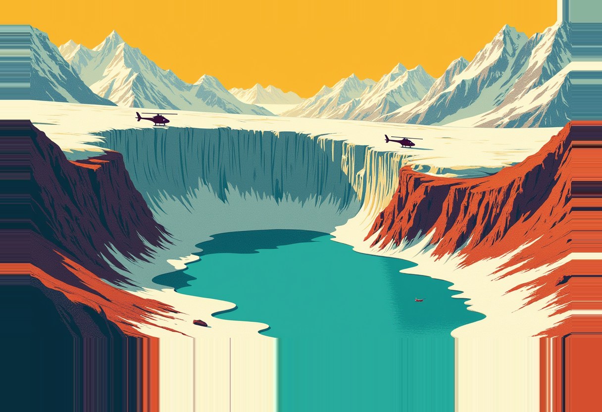 Illustration of a turquoise glacial lake in a steep red-rock and ice canyon below snow-capped peaks under an orange sky, two helicopters flying above the crevassed ice wall.