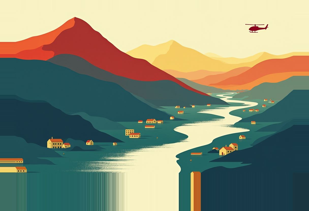 Illustrated mountain valley with a winding river through small yellow houses, dark teal ridges, red and orange peaks, and a red helicopter overhead.