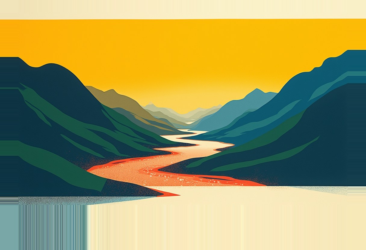 A winding river valley in orange, red, and cream flows between dark green and blue mountain ridges under a yellow-orange sky.