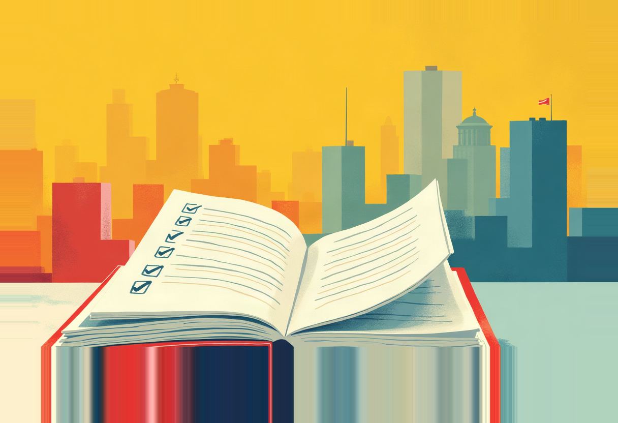 An open red-covered book with checklist marks and lined pages on the left rests atop a stack of books, set against a stylized city skyline in orange, teal, and yellow blocks under a yellow sky.