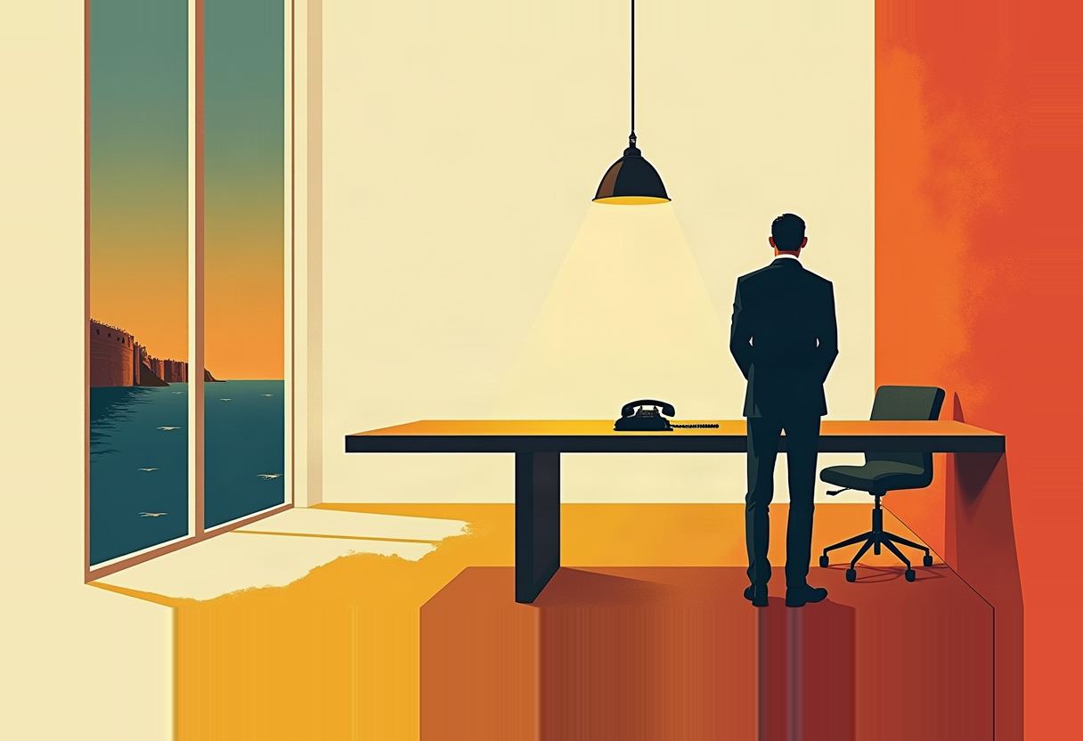 Illustration of a man in a suit, seen from behind, standing beside a desk with a black telephone under a hanging lamp, orange wall on one side and a coastline window view on the other.
