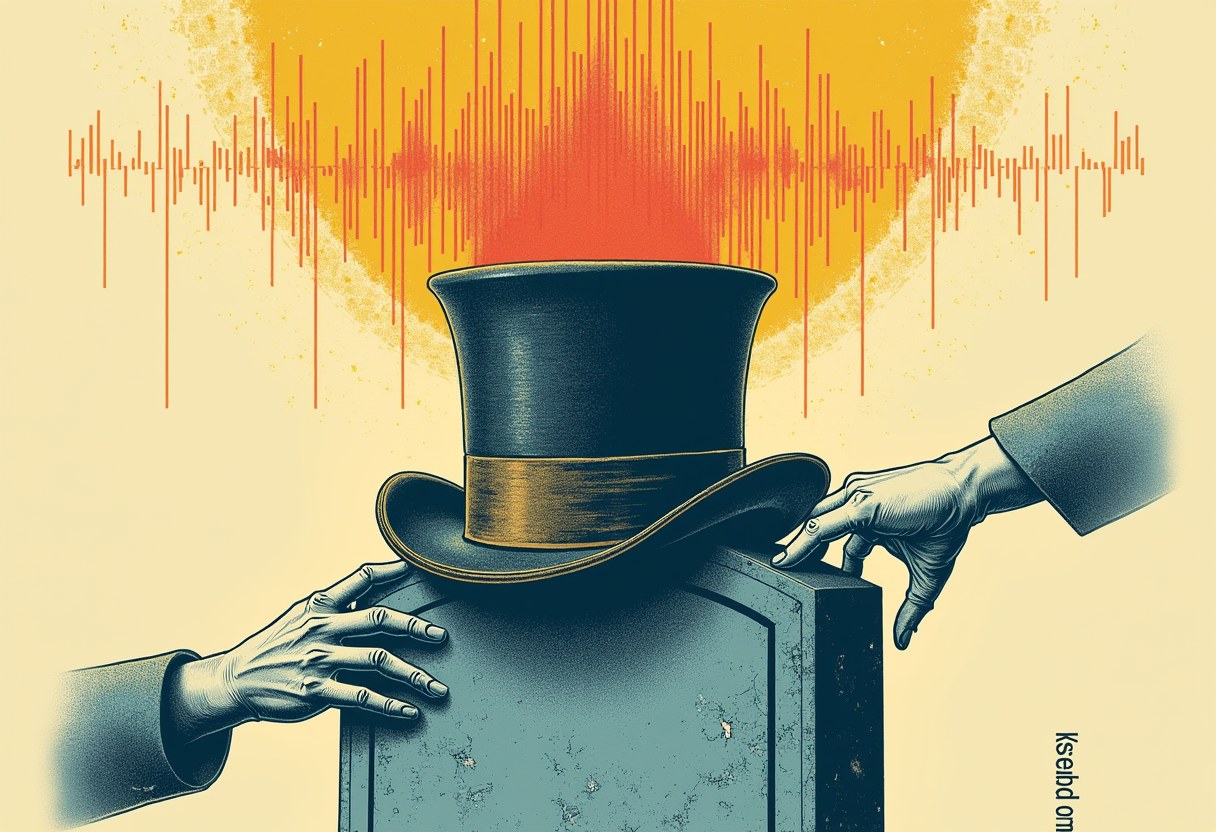 Editorial illustration of a Wonka top hat on a gravestone emitting a sound-wave that turns from warm gold into cold blue circuitry, two hands one cradling and one recoiling