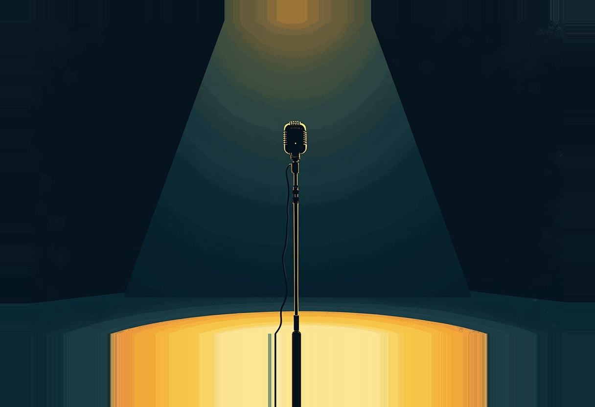 A vintage microphone on a stand, lit by a spotlight beam, stands centered against a dark teal background above a golden glow.