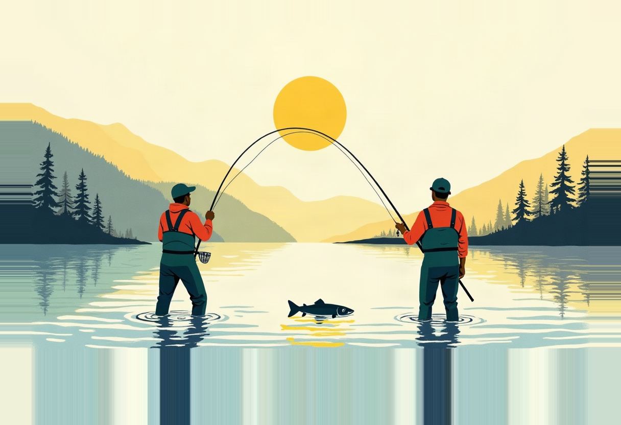 Two anglers in orange jackets and waders stand in a lake, their bent fishing rods arcing toward each other over a jumping fish, with a yellow sun and forested mountains behind them.