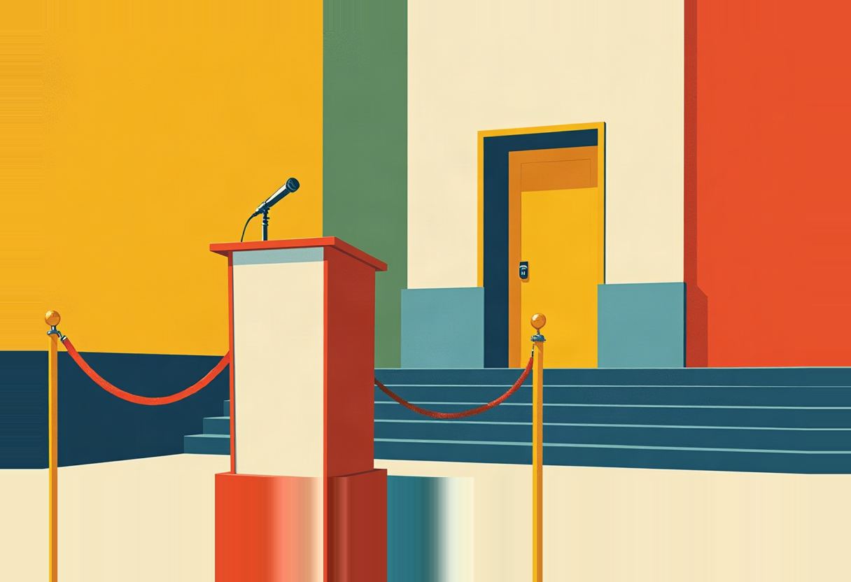 An empty podium with a microphone stands before closed double doors atop steps, flanked by red velvet stanchion ropes, in a flat illustration of yellow, green, cream, and orange blocks.