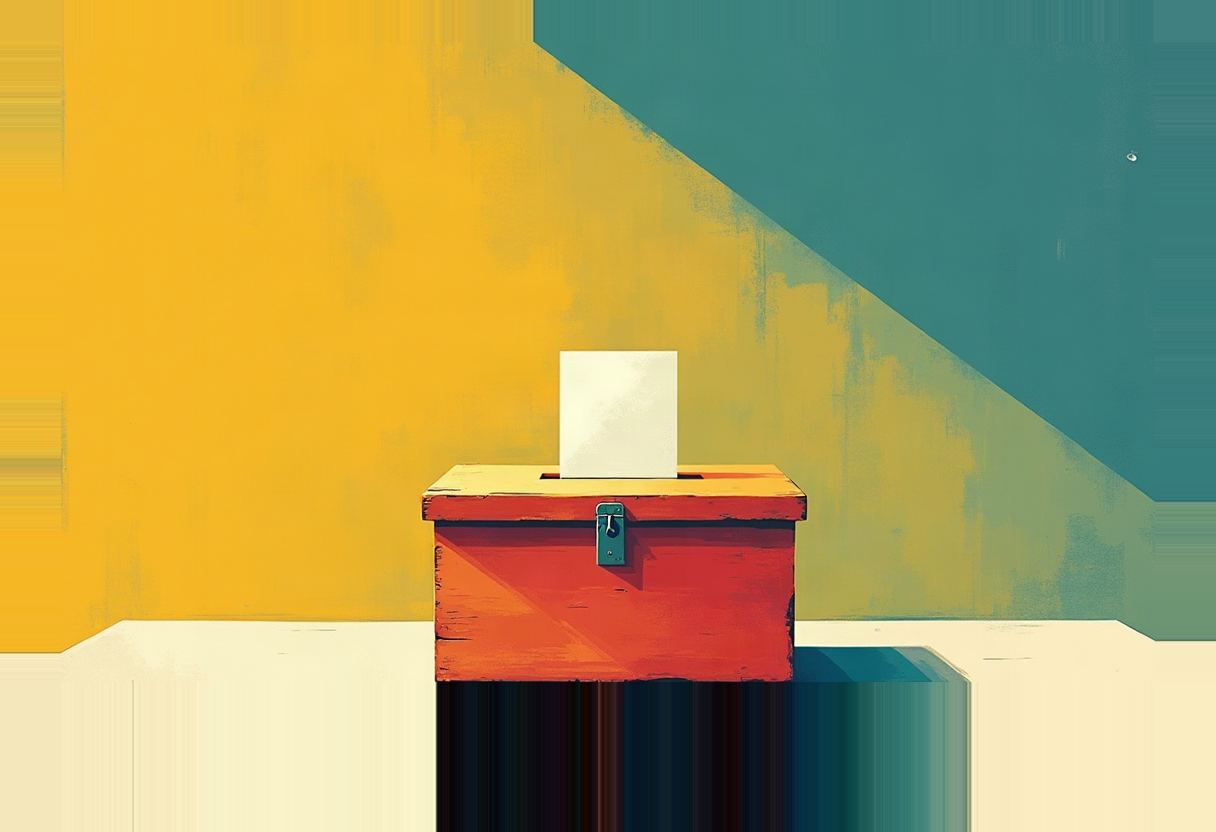 A red wooden box with a metal latch and a white envelope in its slot sits against a yellow and teal diagonally split wall.