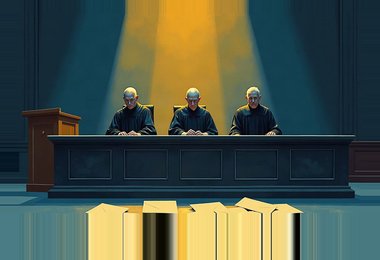 Three identical bald judges in dark robes sit behind a bench under a yellow spotlight, with gold envelopes and ballot drop boxes stacked below.