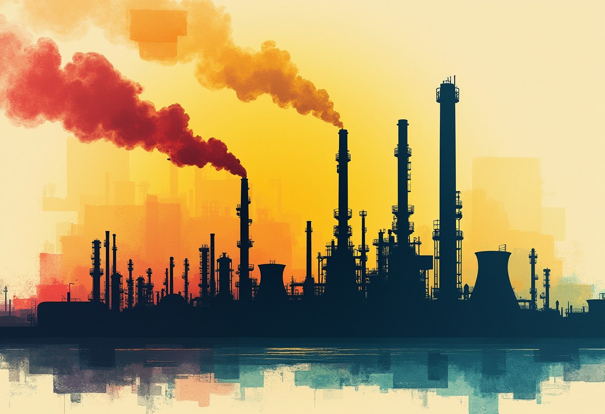 Silhouetted oil refinery with tall smokestacks and cooling towers against an orange-yellow sky, dark red and grey smoke rising, reflected in water below.