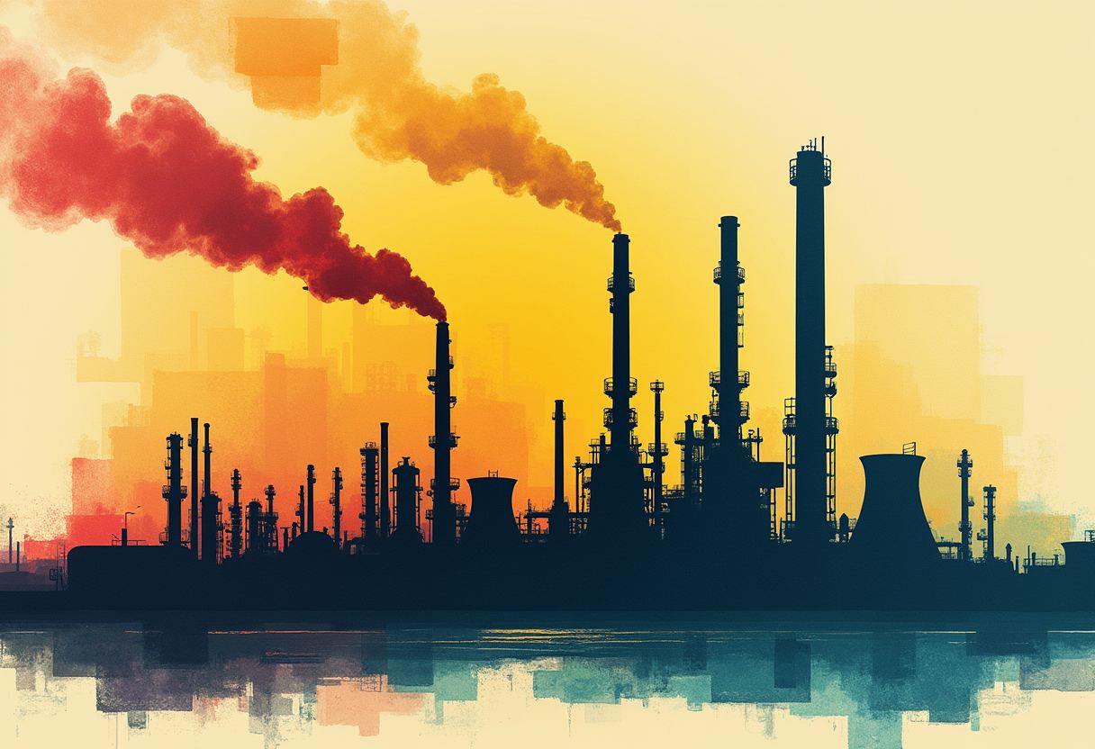 Silhouetted oil refinery with tall smokestacks and cooling towers against an orange-yellow sky, dark red and grey smoke rising, reflected in water below.