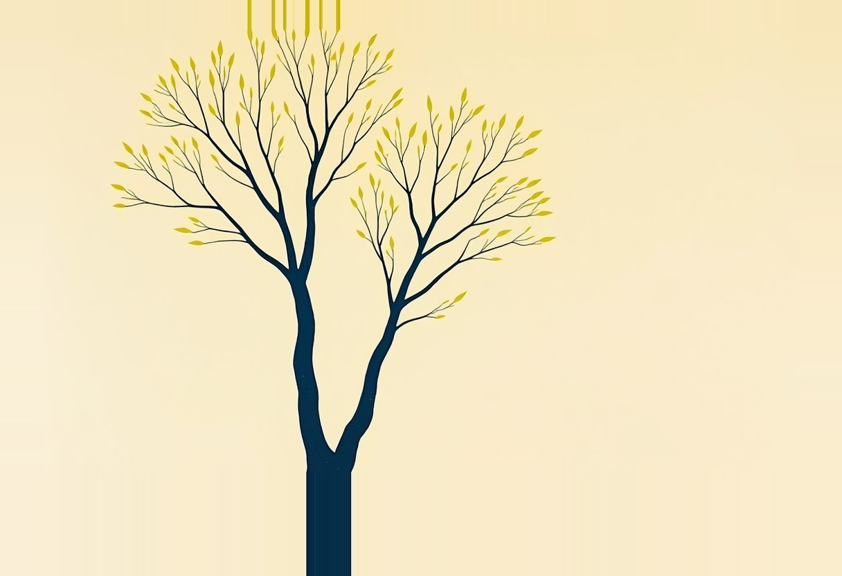 A dark navy tree trunk splits into two branching crowns with small yellow-green leaves, set against a pale cream background, with thin yellow vertical lines descending from the top edge.