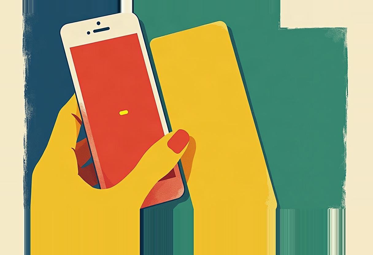 A yellow-toned hand holds a white smartphone with a blank red screen, set against a dark teal and green geometric background.