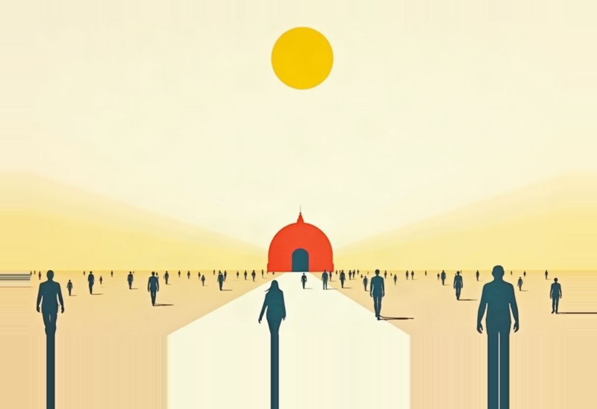 Dark silhouetted figures converge on a white path toward a red domed building under a yellow sun, in a flat beige-and-gold landscape.