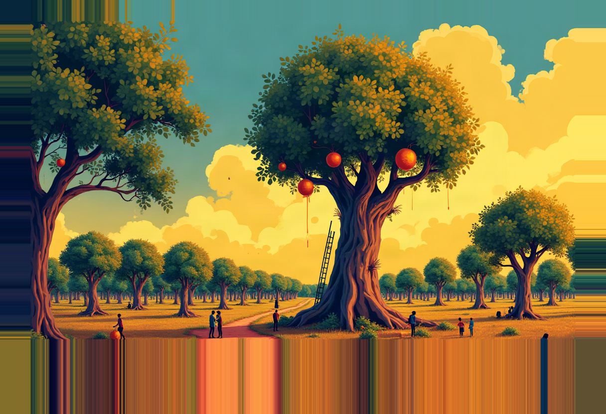 Illustration of an orchard at sunset, one tall tree bearing large red fruit and a ladder leaning against its trunk, small silhouetted figures walking on paths among the trees.