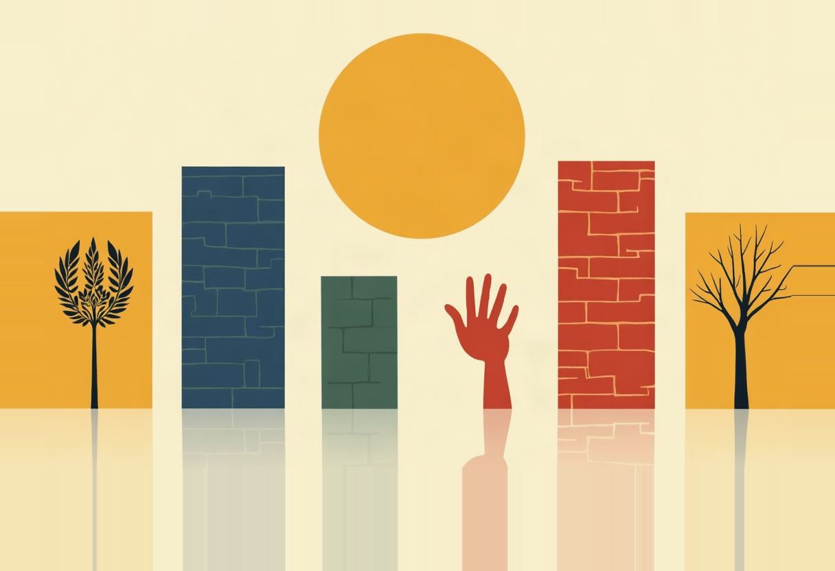 A raised red hand silhouette stands between blue, green, and red brick-wall pillars under a large orange sun, flanked by a black olive branch and a bare black tree on orange panels, all reflected below.