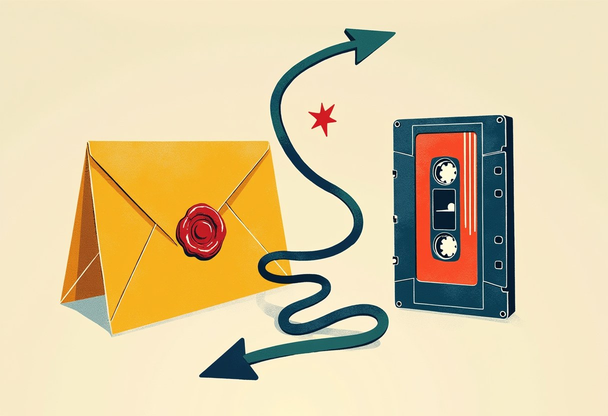 A sealed envelope and a cassette tape whose ribbon splits into two strands winding apart, two-tone risograph print