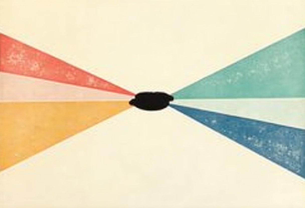 Four textured triangles in red, pink, orange, teal, and blue radiate outward from a black blob at the center on a cream background.
