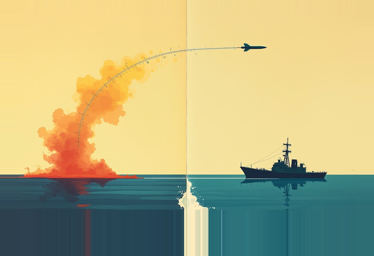 A missile arcs from an orange plume over the sea, its trail marked with tick-mark measurements, toward a dark silhouetted ship on calm blue-green water under a pale yellow sky.