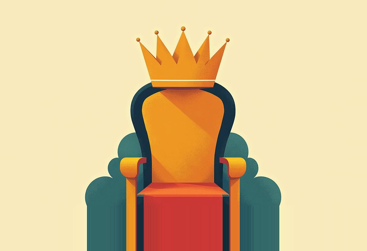 A five-pointed gold crown rests atop an empty orange throne with a red seat cushion, teal backing, and dark blue frame, set against a pale yellow background.