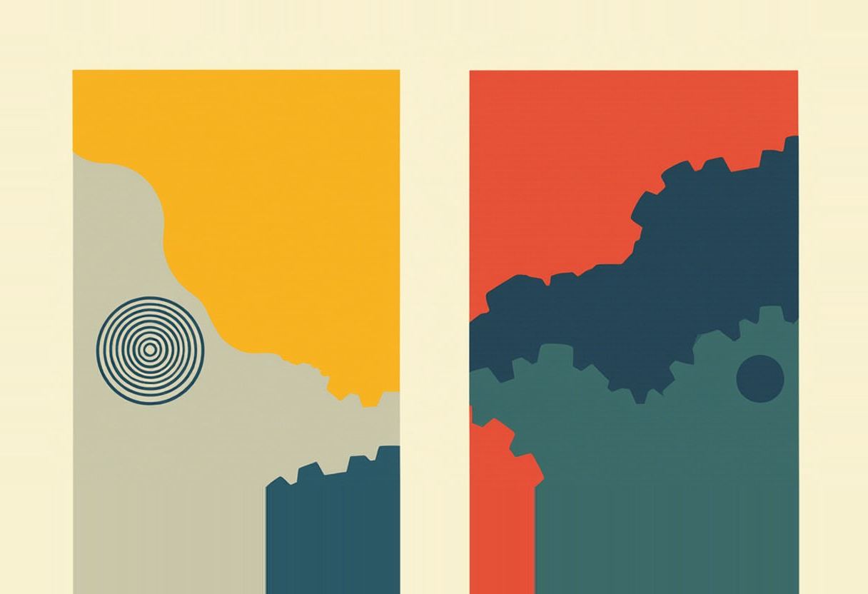 Two side-by-side panels: left shows a concentric-circle target on a smooth curved yellow-and-grey field, right shows jagged gear-tooth shapes dividing red, dark blue, and green fields.
