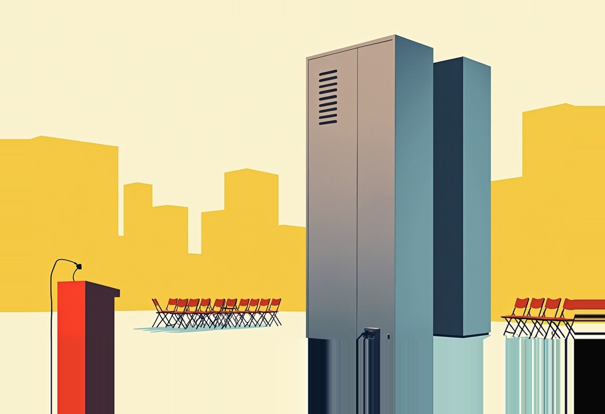 A tall gray and blue server-tower shape looms beside a red podium with microphone and rows of empty red folding chairs, set against a yellow city skyline.