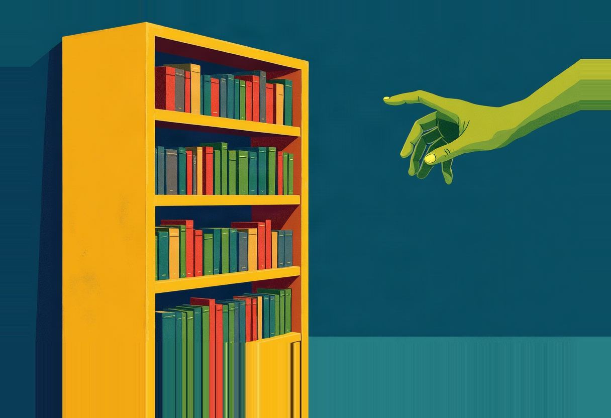 A yellow bookshelf packed with red, green, and blue books stands against a dark teal wall as a large green hand reaches toward it from the right.