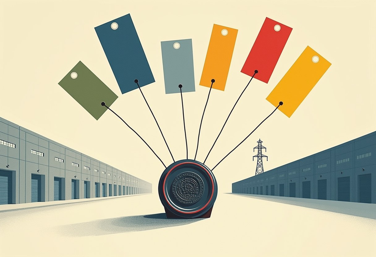An abstract risograph: one official stamp at the center of an empty corridor, with five blank colored paper tags fanning out from it on strings; a power-line tower stands between rows of windowless server warehouses.