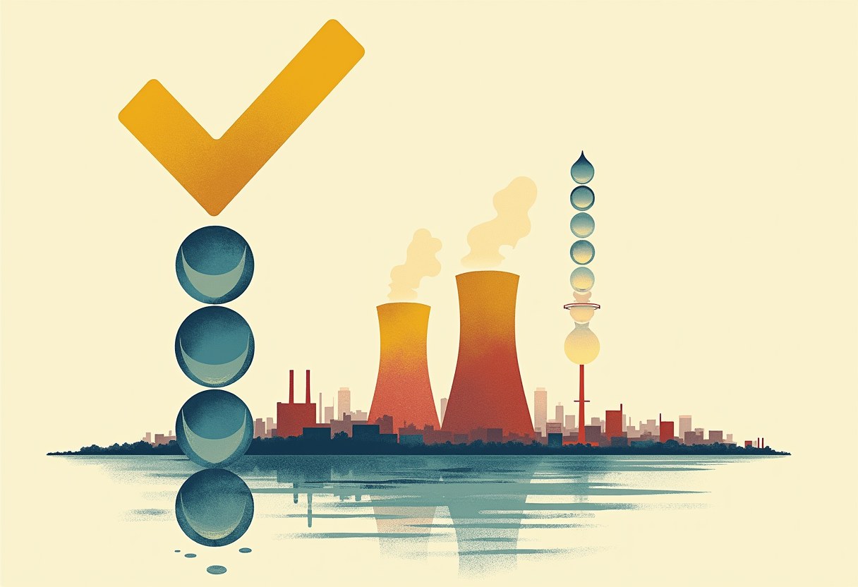 Editorial illustration of a cracked checkmark beside a rising column of five stacked water droplets and a distant cooling tower