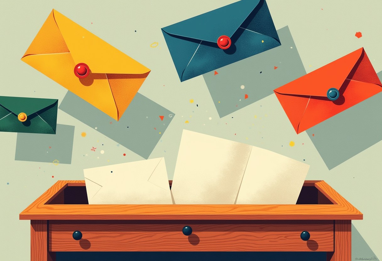 Four sealed envelopes arcing back through the air into an open desk drawer