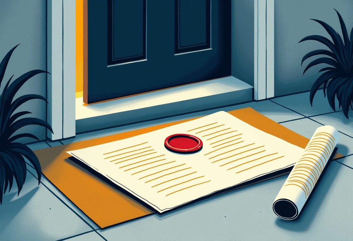 An abstract risograph: an official document with a red wax seal lies on a welcome mat before a partly open door, a rolled newspaper beside it -- a subpoena delivered to a home at dawn.