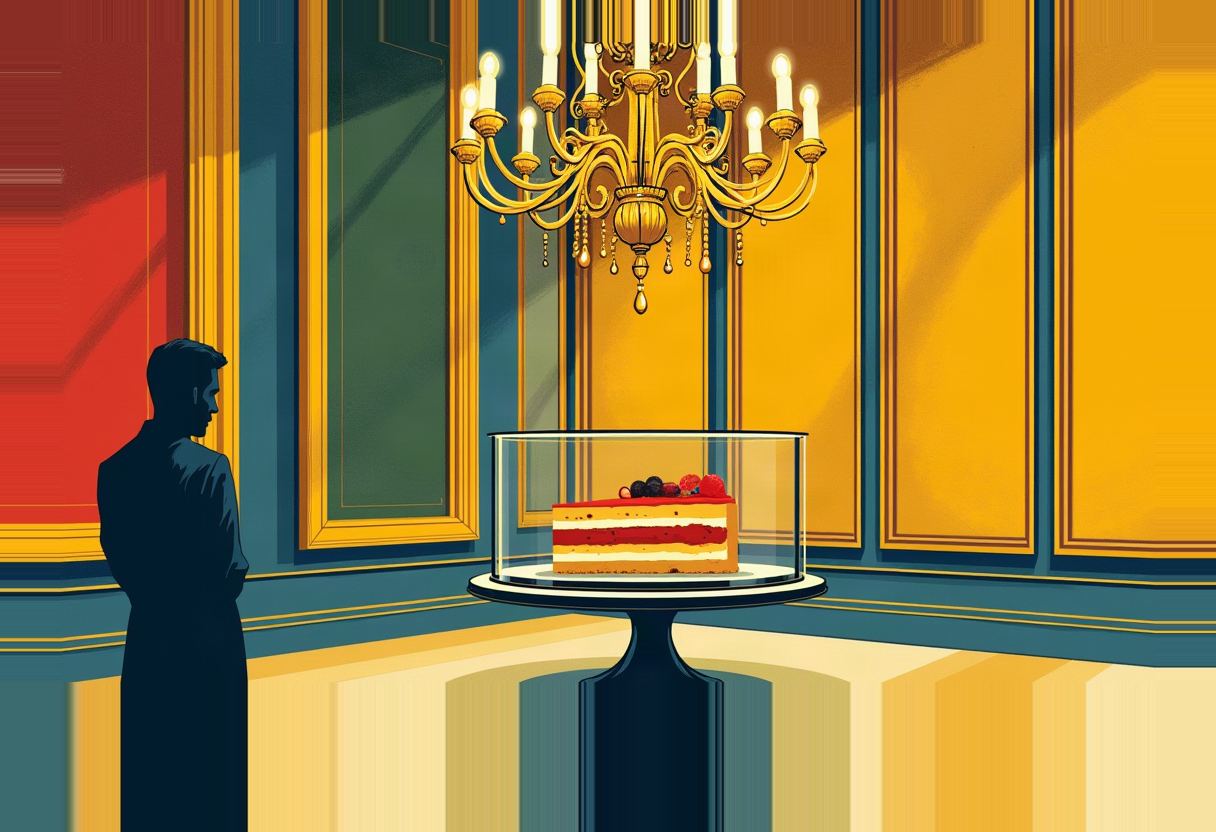 A dark silhouetted figure stands beside a slice of layered berry cake displayed under a glass dome on a pedestal, beneath a gold chandelier in a red, blue, and yellow paneled room.
