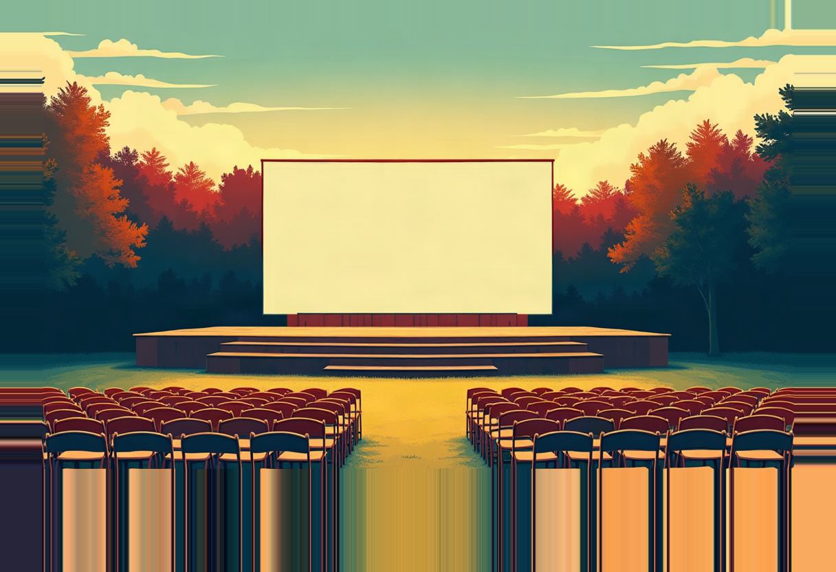 Illustration of an empty outdoor stage with a blank screen on a platform, facing rows of empty red chairs, framed by autumn trees under a pastel sky.