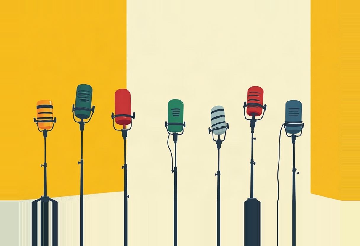 Seven stylized microphones on stands at uneven heights, in orange, green, red, grey, and blue, against a yellow and cream block background.