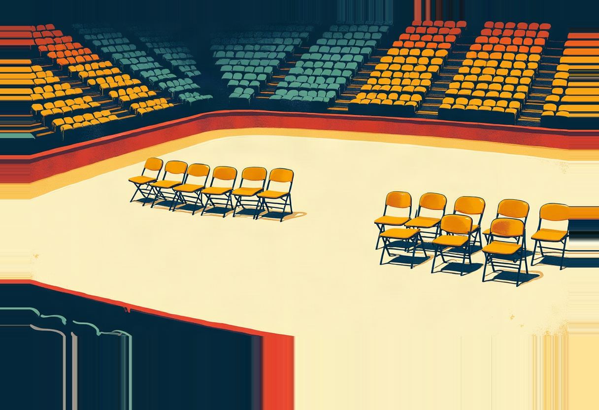 Two small clusters of empty yellow folding chairs sit on an arena floor below empty tiered stadium seating in orange, teal, and red.