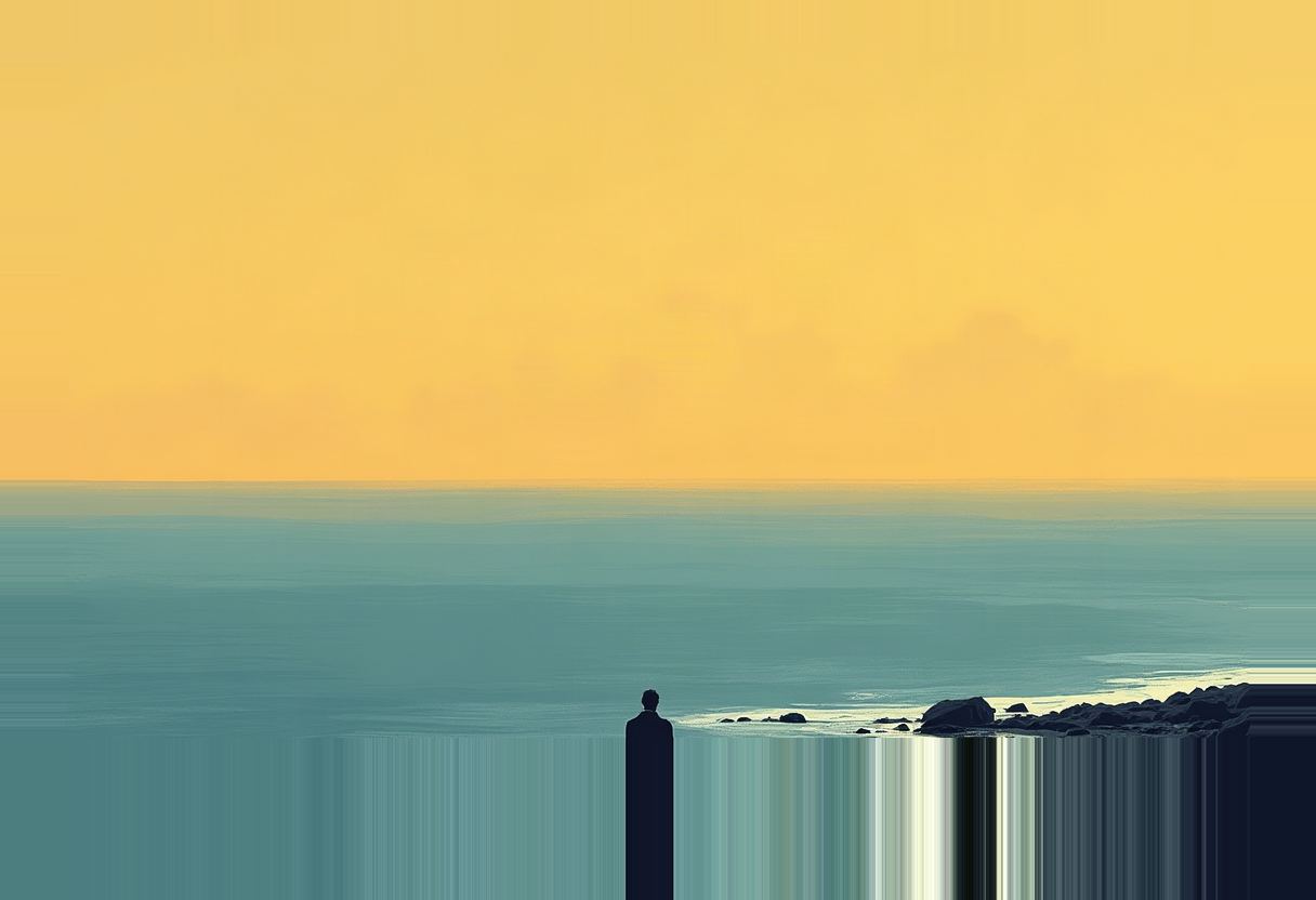 A dark silhouetted figure stands on rocks at the water's edge, facing a teal ocean beneath a flat yellow-orange sky.