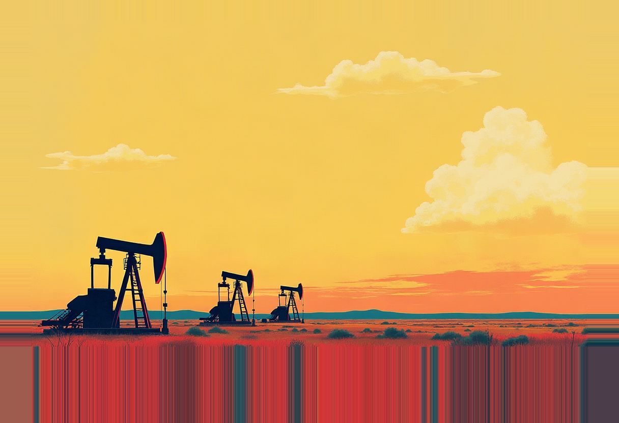 Three silhouetted oil pump jacks on a plain under a yellow-orange sky with clouds, distant hills, and a red vertical-striped foreground band.