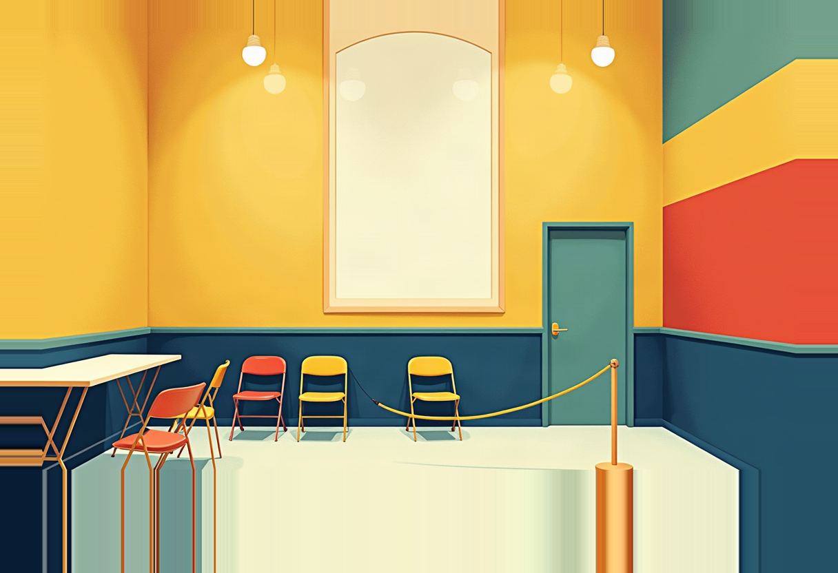 Illustration of an empty room with folding chairs lined against a blue wainscoted yellow wall, a blank poster frame, a teal door, a stanchion rope, and a table, in yellow, blue, red and teal tones.