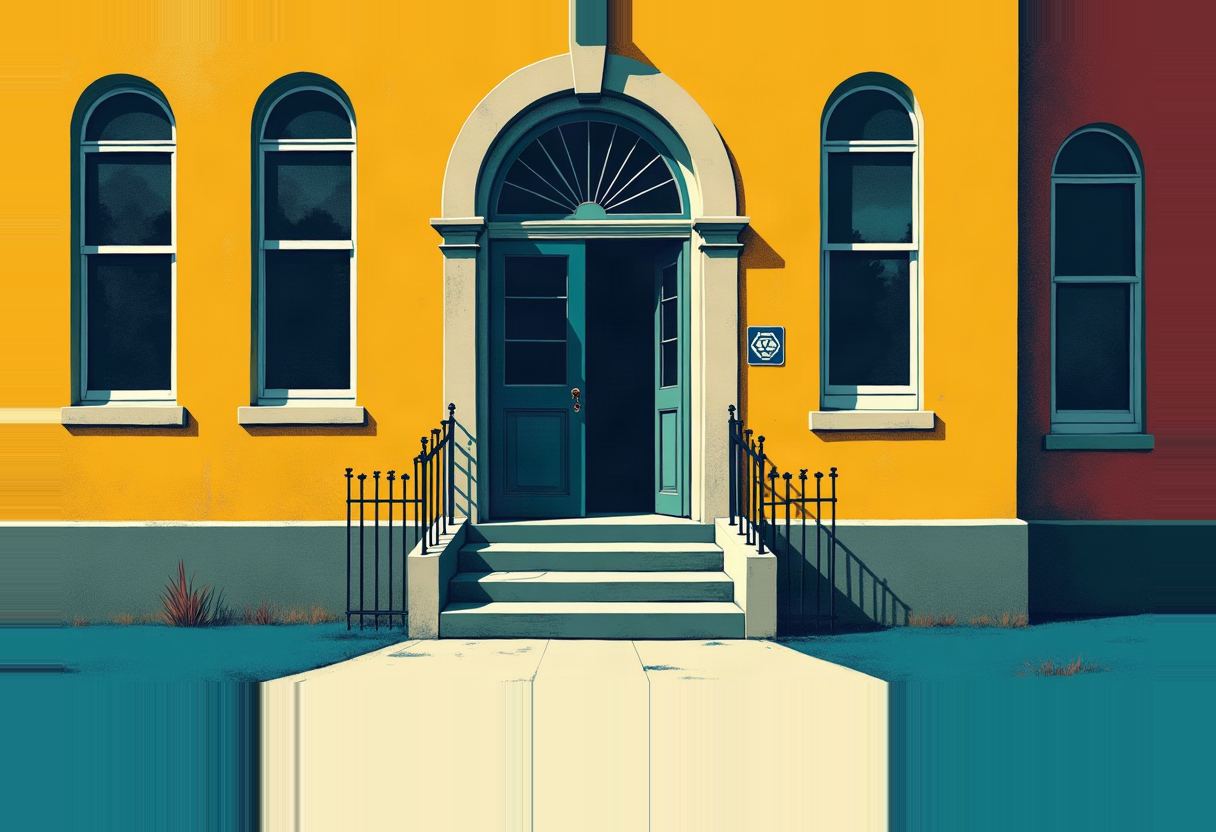 A yellow building with an open teal door at the top of concrete steps flanked by iron railings, arched windows on either side, and a red building section to the right.