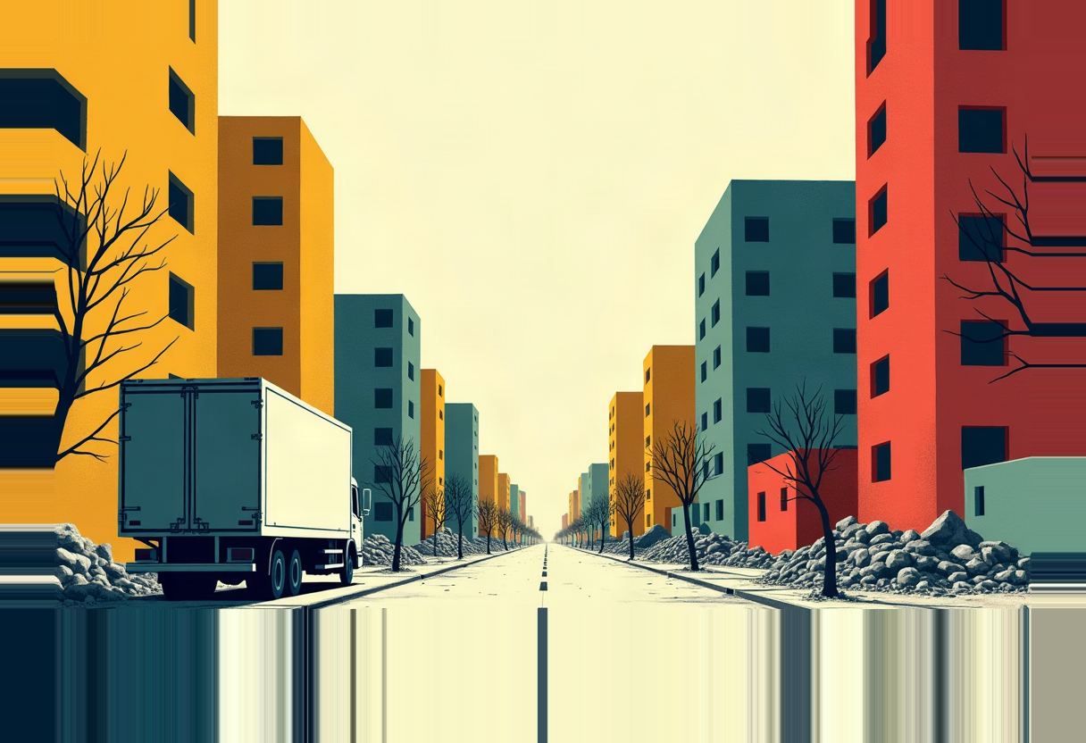 Illustration of an empty city street lined with yellow, teal, and red apartment blocks, bare trees, rubble piles, and a parked white box truck.