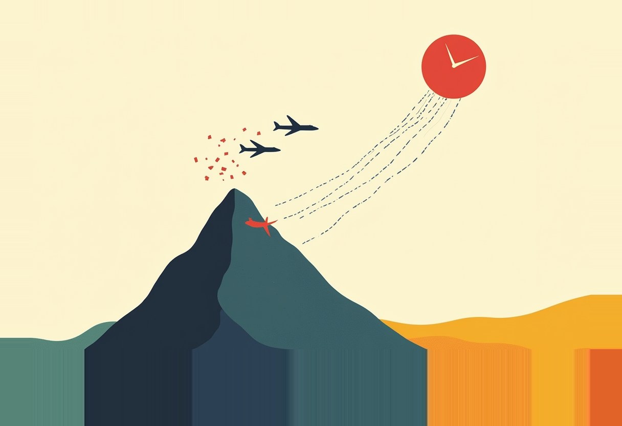 Illustration of a red aircraft crashed on a dark mountain peak, with a red clock trailing dashed flight paths above and two dark planes and red debris nearby, over teal, navy, and orange hills.