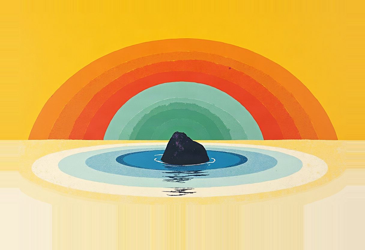 A dark rocky islet sits in concentric blue-toned water ripples, beneath a layered rainbow arc of orange, red, and green against a yellow sky.