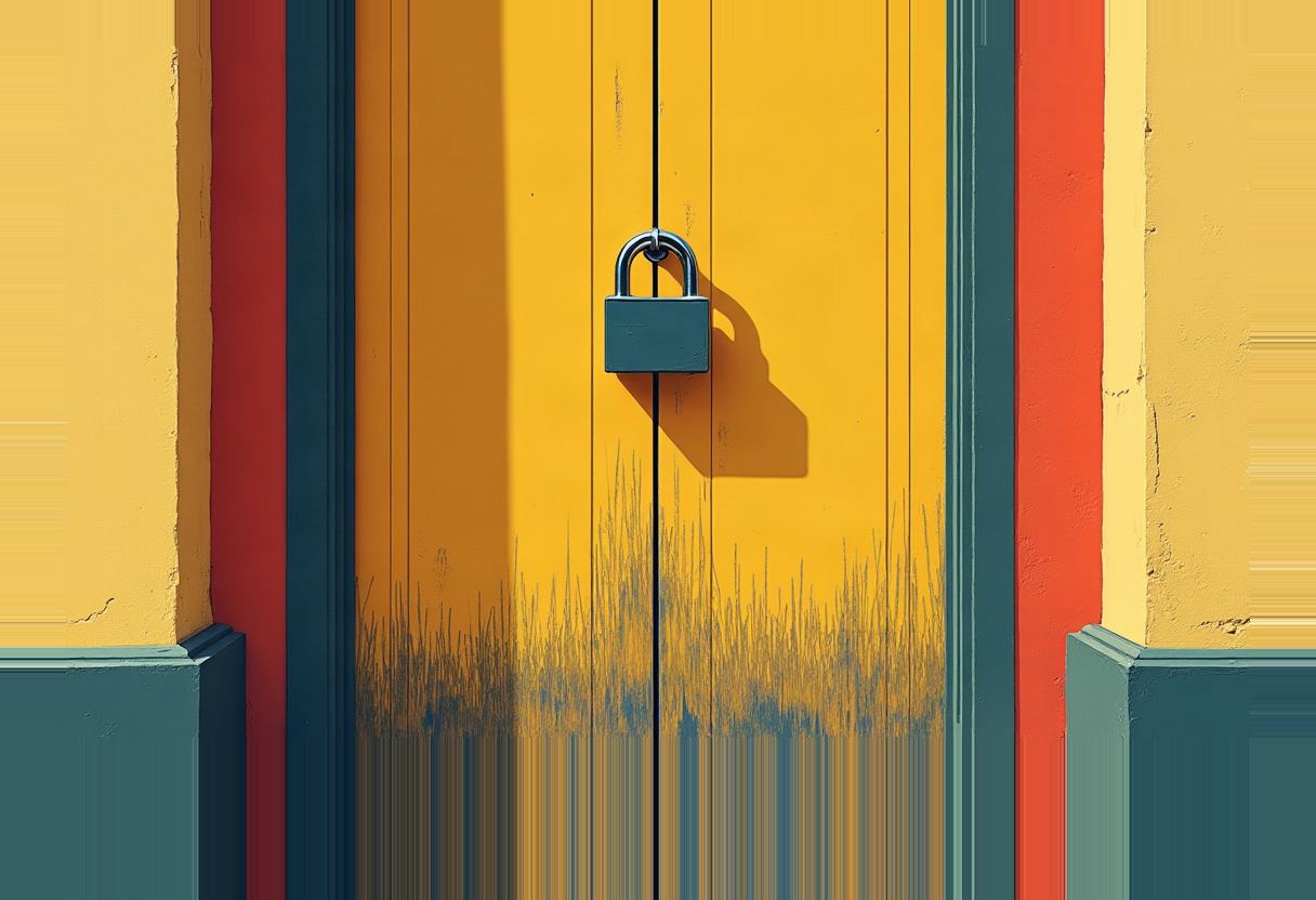 A padlock hangs closed on a yellow double door with teal trim and red side panels, its lower half streaked with weathered grey marks.