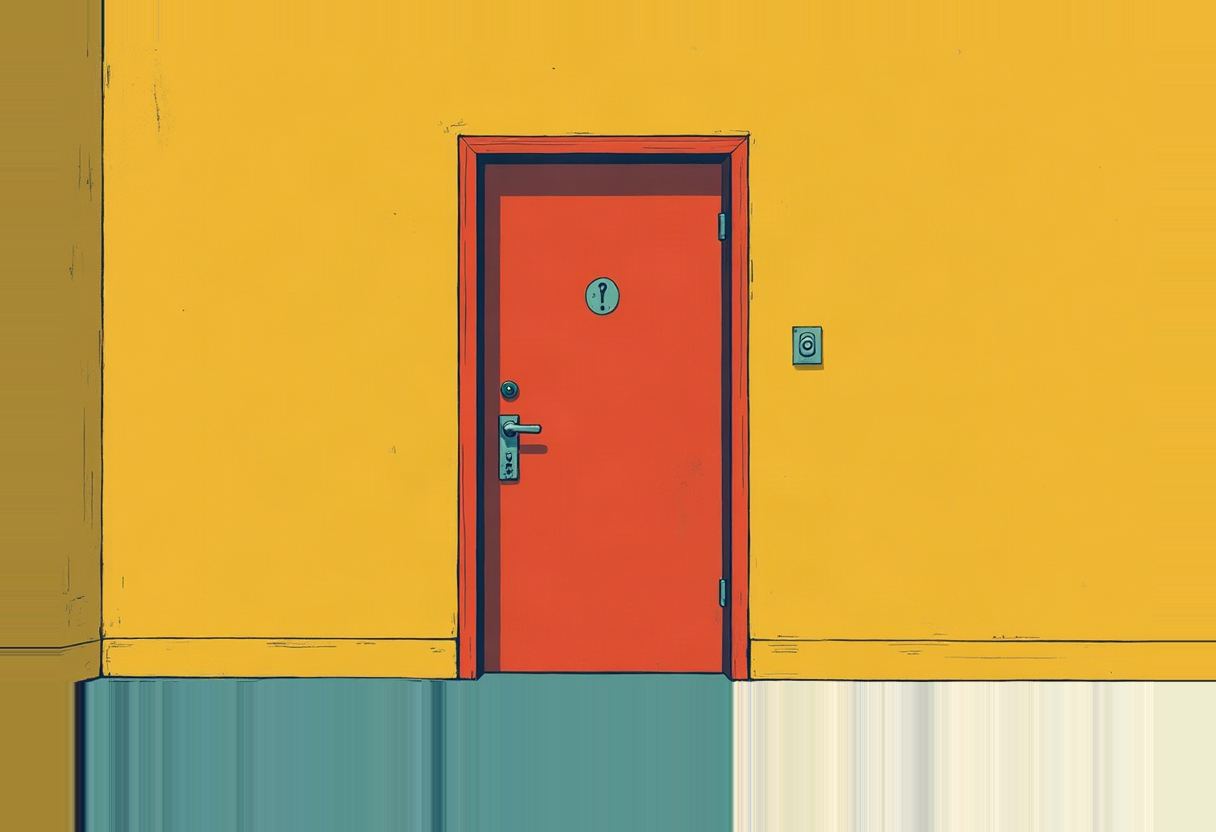 A closed red door with a round peephole and metal handle sits in a yellow wall, a small sensor mounted on the wall beside it, above a teal floor.